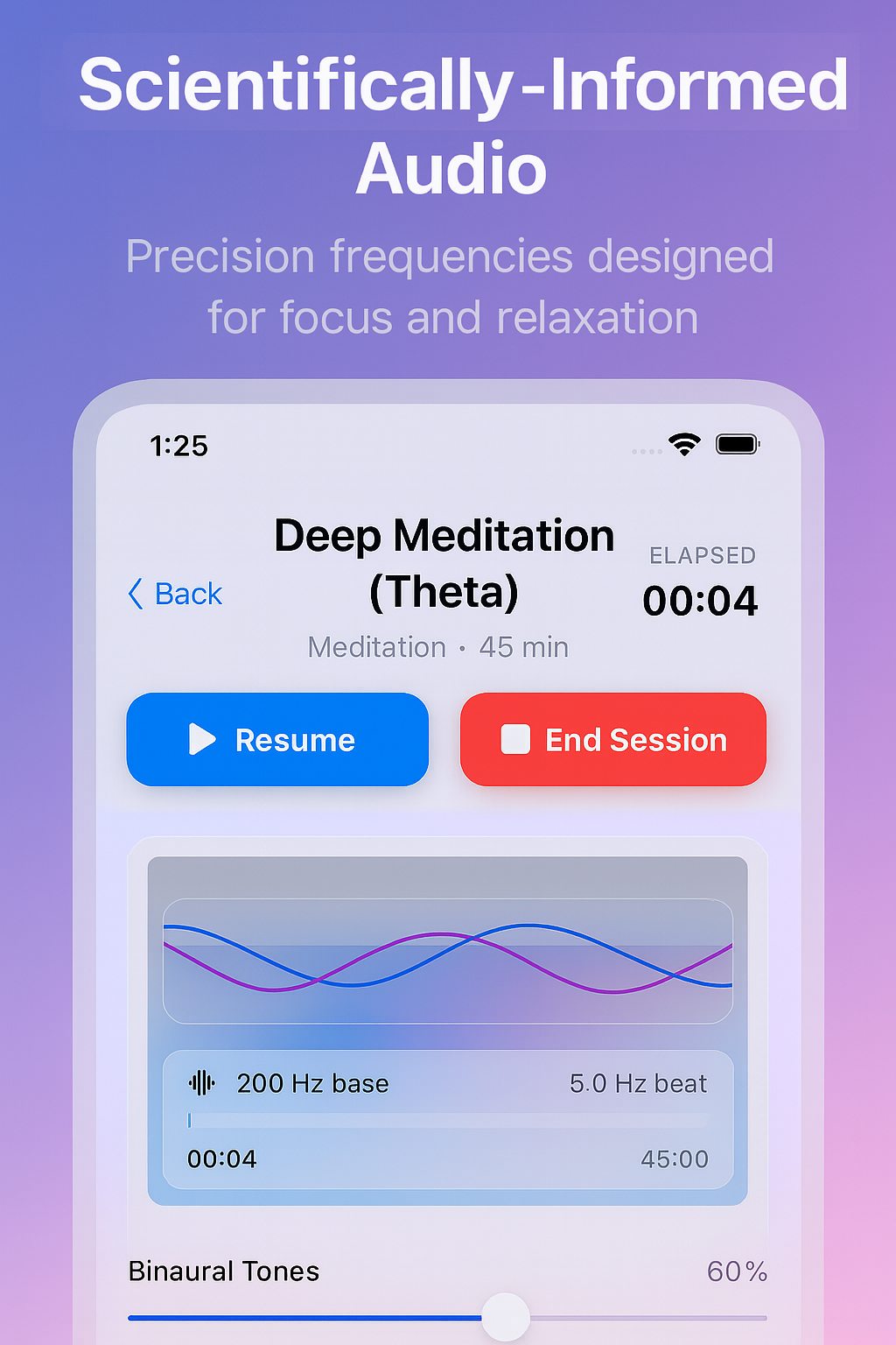 SplitBrain session screen with timer, preset, and playback controls